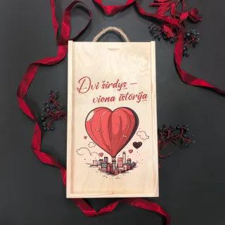 Holzkiste für zwei Flaschen „Zwei Herzen – eine Geschichte“