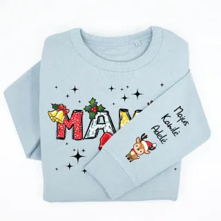 UNISEX pastelinis "Sully" džemperis "Kalėdinė mama" su vaikų vardais ant rankovės