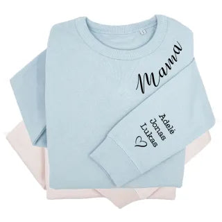 UNISEX pastelinis "Sully" džemperis "Mama" su vaikų vardais ant rankovės